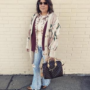 Image from @librabaglover on 7 Apr 2023 with caption: If you love layers like I do! Buckle has so many options and brands that go well together to create that special outfit! #OOTD #buckledout #forthestyledlife #bucklestyle #BKE #gimmicksatbuckle #sterlingandstitch #flyingmonkeyjeans #raybansunglasses #louisvuittonbag #lvspeedy #corralboots