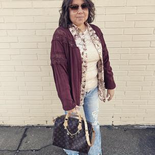 Image from @librabaglover on 7 Apr 2023 with caption: If you love layers like I do! Buckle has so many options and brands that go well together to create that special outfit! #OOTD #buckledout #forthestyledlife #bucklestyle #BKE #gimmicksatbuckle #sterlingandstitch #flyingmonkeyjeans #raybansunglasses #louisvuittonbag #lvspeedy #corralboots