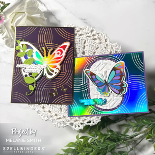 Image from melaniesmithstamps on 6 Jan 2025 with caption: In these cards I have had so much fun with this month Spellbinders BetterPress & Glimmer Club Kits. I Hot foiled the BetterPress with the Aura Foil in my Glimmer Machine, then using my pinkfreshstudio  Solid Foil Plate and the teamspellbinders  Specialty paper I reversed both items to be able to achieve these stunning results. Want more details? Feel free to PM me or check out my reveal video here for more club DETAILS: https://youtu.be/etoSLHs91fo